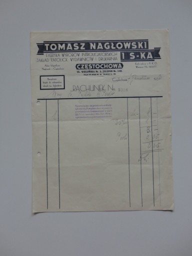CZESTOCHOWA TOMASZ NAGLOWSKI ULICA WIELUNSKA RACHUNEK 1933 ROK