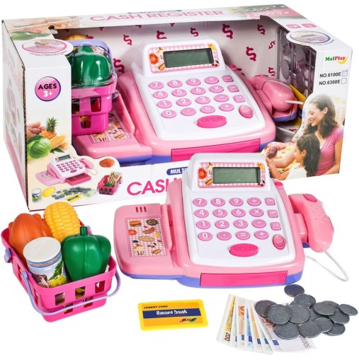 Kasa fiskalna dla dzieci do zabawy z akcesoriami PINK KOSZYK PIENIĄDZE