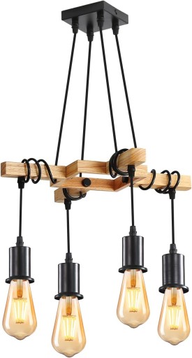 LAMPA WISZĄCA DREWNIANA ŻYRANDOL RETRO CZARNA