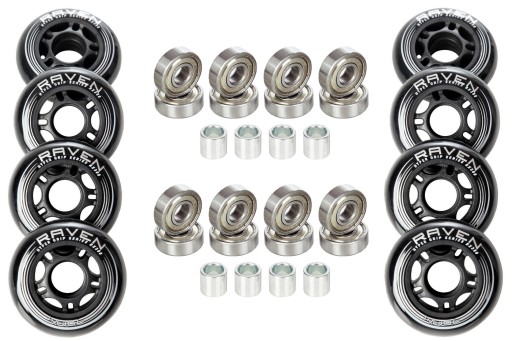 8x Kółka do rolek czarne 72mm + 16x Łożyska RAVEN Abec9