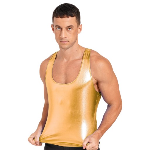Mens Glossy Crop Tops Shiny Metallic Deep U Neck S