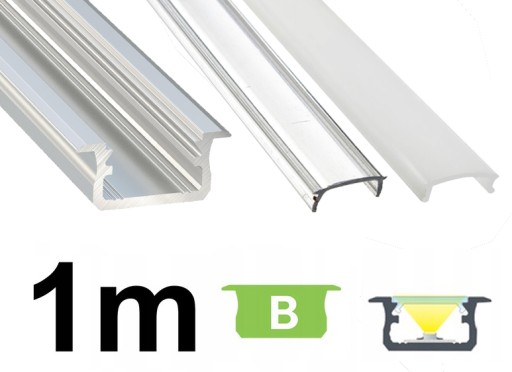 PROFIL ALUMINIOWY surowy wpuszczany typ B do taśm LED 1m + KLOSZ