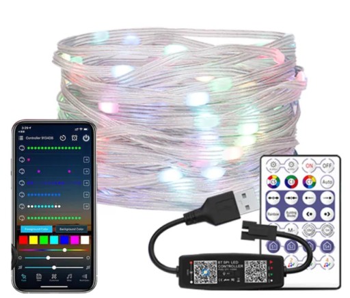 Zestaw Łańcuch LED aRGB USB WS2812B Pilot Aplikacja 10m Choinka Oświetlenie