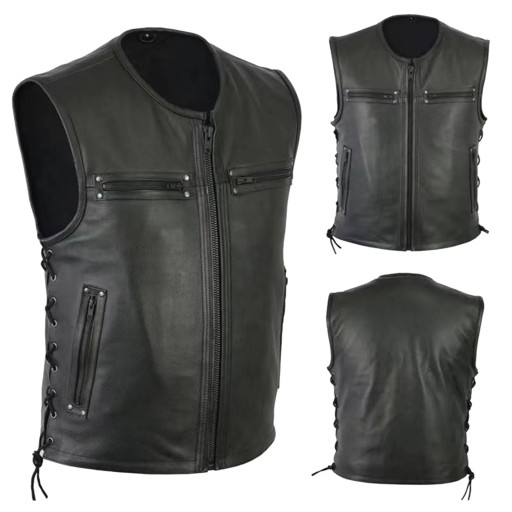 Men Motorcycle Leather Vest Solid Color Large Pock