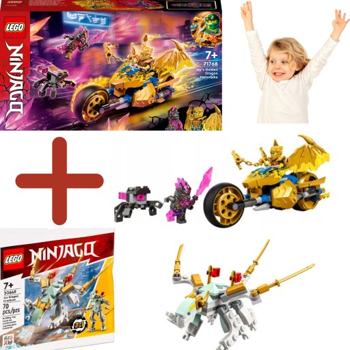 LEGO Ninjago Złoty smoczy motocykl Jaya 71768 + LEGO Ninjago 30649 Smok