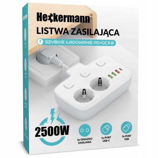 PRZEDŁUŻACZ KRÓTKA LISTWA ZASILAJĄCA ŁADOWARKA GNIAZDA USB-C 3x USB Z QC3