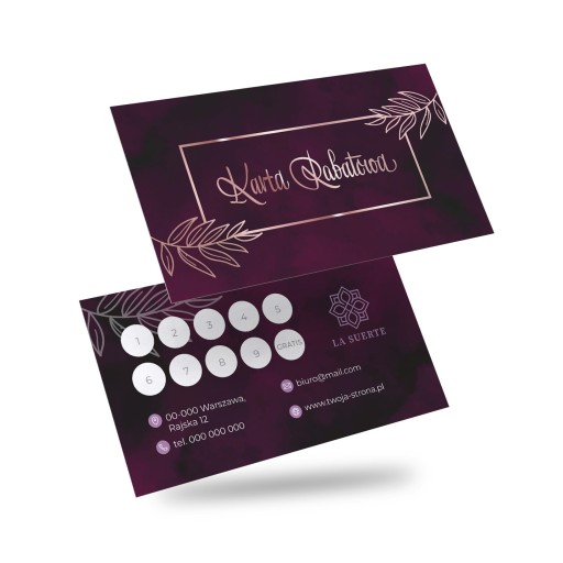 Karty rabatowe złocone folia soft touch + folia rose gold + projekt 100 szt
