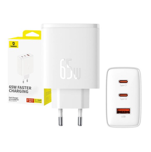 BASEUS SZYBKA ŁADOWARKA SIECIOWA / ZASILACZ 65W, 2xUSB-C + USB, PD QC