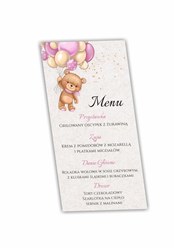 Menu na CHRZEST ŚWIĘTY, menu dla gości + miś