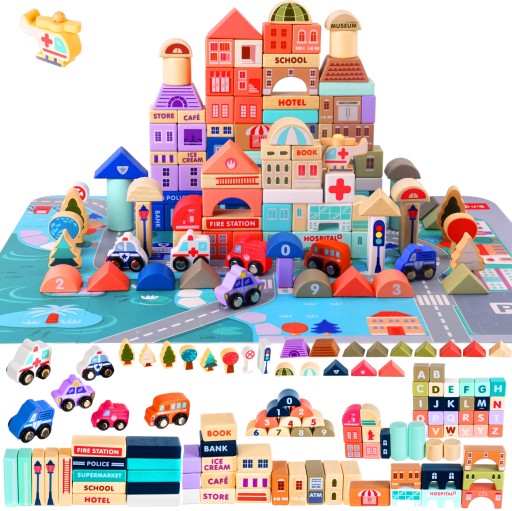 DREWNIANE KLOCKI MIASTO AUTO 115 KLOCKÓW + PUZZLE