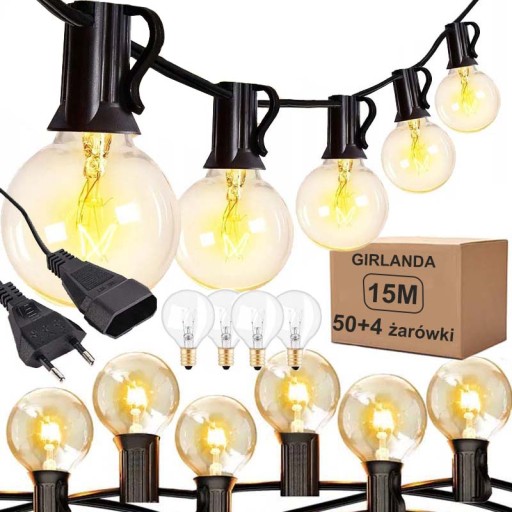 GIRLANDA LAMPKI OGRODOWA ŁAŃCUCH ŚWIETLNY 15M+50x ŻARÓWKI