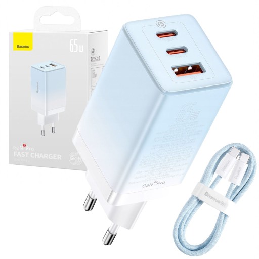 BASEUS ŁADOWARKA SIECIOWA 2x USB TYP C 1x USB 65W MOCNY ZASILACZ DO LAPTOPA