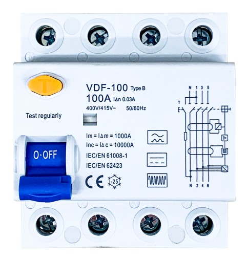 Wyłącznik różnicowoprądowy RCD typ B 30mA AC do stacji ładowania EV IP20 4P