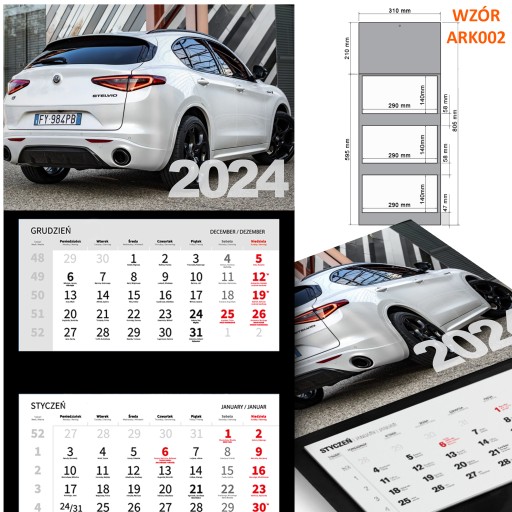 Kalendarz 2024 ALFA ROMEO trójdzielny nadruk najwyższa jakość ARK002