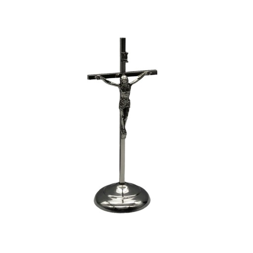 Krzyż metalowy stojący duży srebrny 19 cm