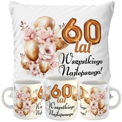 ZESTAW PODUSZKA + KUBEK 60 LAT URODZINY PREZENT DLA JUBILATA SOLENIZANT