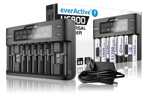 Ładowarka uniwersalna everActive UC800 10 kanałów 9V 18650 26650 R14 AA AAA