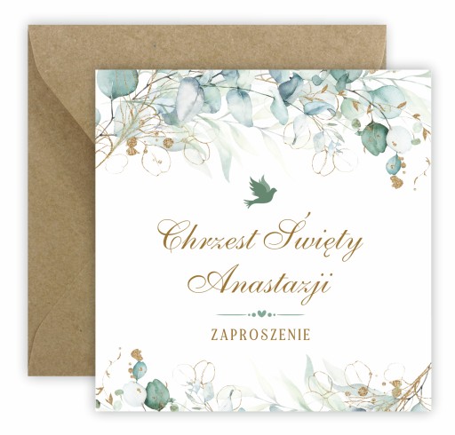 ZAPROSZENIA NA CHRZEST + IMIĘ + KOPERTA eukaliptus