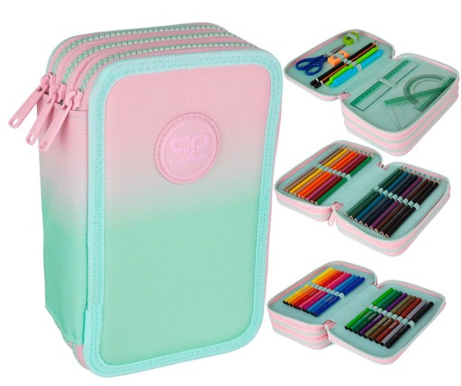 Piórnik z wyposażeniem trzy przegrody komory coolpack różowo miętowy