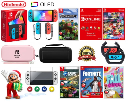 Nintendo SWITCH Oled + 5 gier + szkło + etui + 2 kierownice + Online