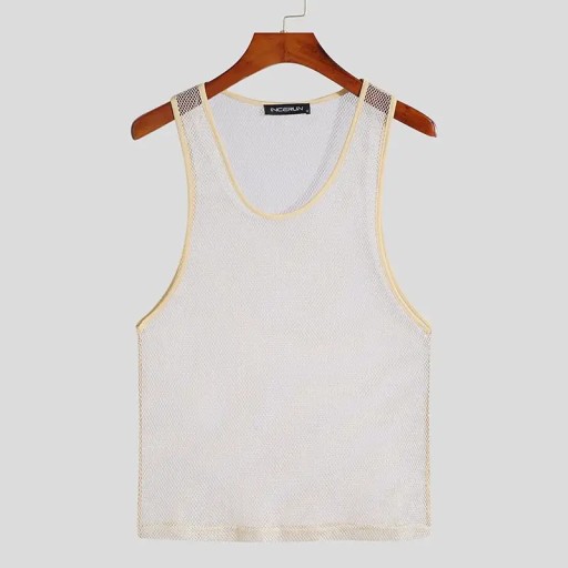 INCERUN Men's Tank Tops Mesh Patchwork O-neck Slee