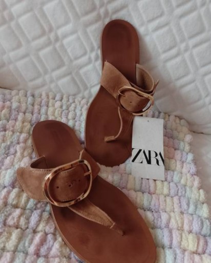 (39) ZARA/ Skórzane, brązowe klapki Japonki z Madrytu