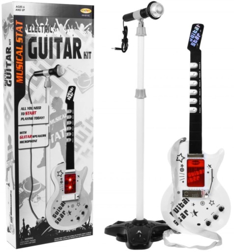 ZESTAW GITARA ELEKTRYCZNA DLA DZIECI + MIKROFON STATYW ŚWIATŁO 9010C