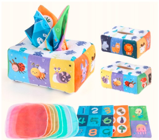 SORTER PUDEŁKO Z CHUSTECZKAMI PLUSZOWE SENSORYCZNE MONTESSORI ZWIERZĄTKA