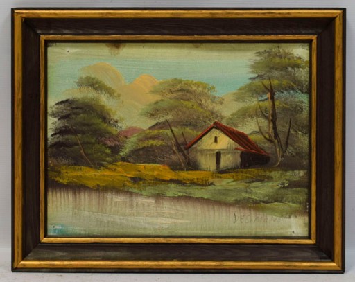 Stary obraz pejzaż z chatą Olej 48x38 cm