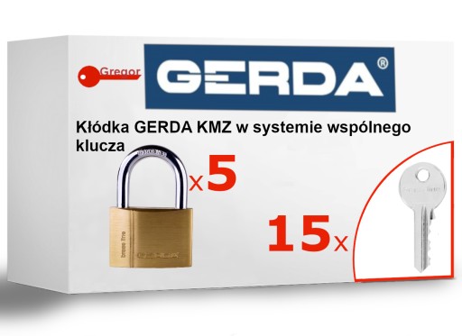 5 kłódek GERDA BRASS LINE KMZ S40 SYSTEM JEDNEGO KLUCZA + 15 kluczy w kompl