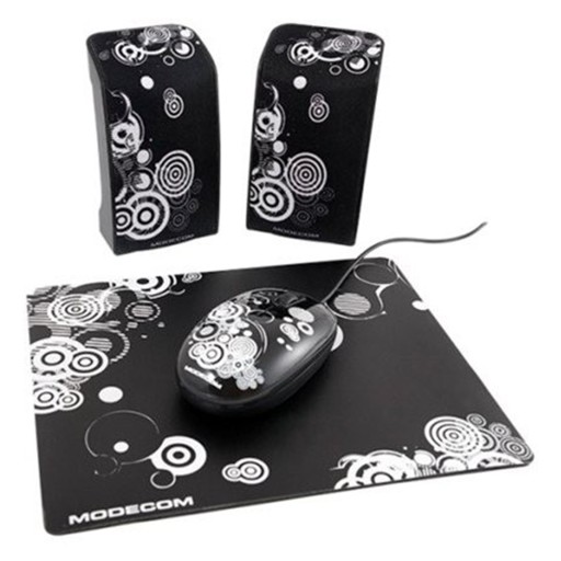 ZESTAW 3 PRODUKTÓW GŁOŚNIKI 2.0 MYSZKA USB PODKŁADKA MYSZ MODECOM STARTER