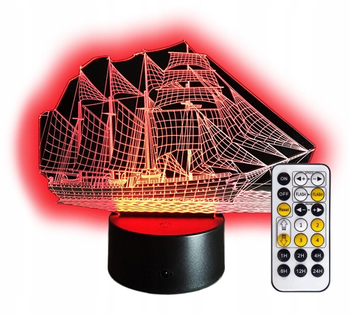 STATEK Żaglowiec LAMPKA NOCNA 3D KOLOR LED + PILOT