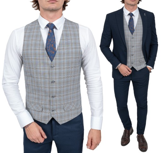 Elegancka Męska Szara Kamizelka w Drobną Kratke - 50