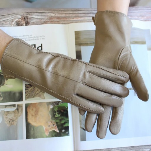 New Women Color Leather Gloves Striped Style Velvet Lining Autumn And