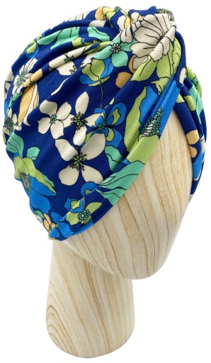 Czapka Turban Twist Wiskoza Kwiaty na niebieskim onkologiczny