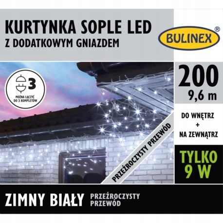 BULINEX KURTYNA SOPLE LED 200L D/G zimny/biały przeźroczysty przewód