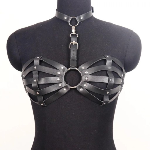BDSM biustonosz Body Bondage klatka gotycka skórzana na piersi smycz