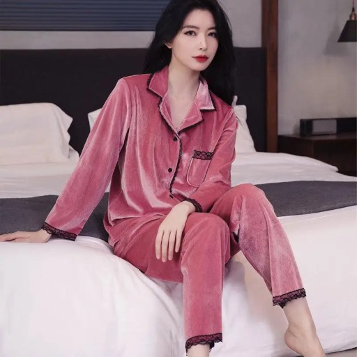 Casual Nightwear Lace Trim Pajamas Set Female Slee