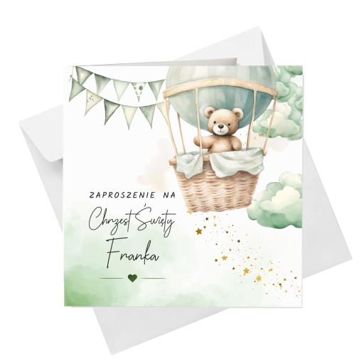 Zaproszenia na Chrzest Święty Misie, Balon + Koperta