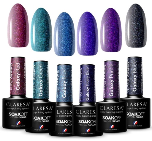 CLARESA GALAXY BLACK KOLEKCJA LAKIERÓW Z DROBINKAMI LAKIERY HYBRYDOWE
