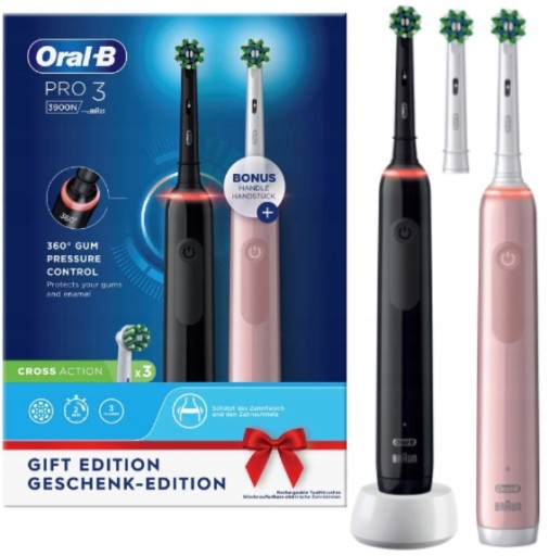 Oral-B Pro 3 3900 DUO 2 szczoteczki +3 końcówki DWUPAK NA PREZENT róż/czerń