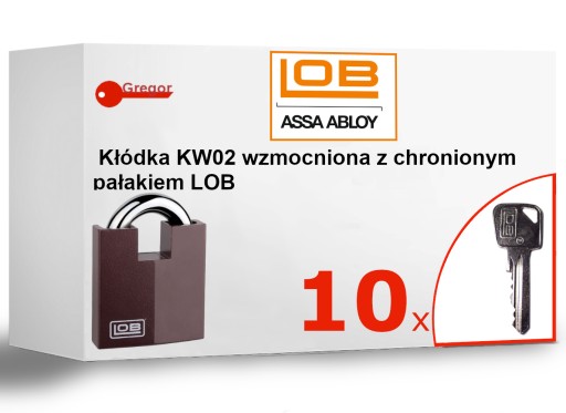 .10 KLUCZY. Kłódka LOB KW02 ANTYWŁAMANIOWA wzmocniona znalowa + 10 KLUCZY