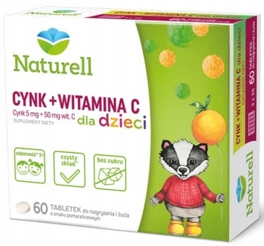 Cynk + Witamina C dla dzieci, smak pomarańczowy, 60 tabletek