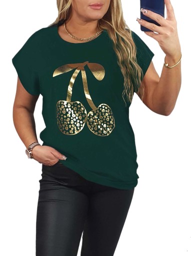 BLUZKA KOSZULKA T-SHIRT NADRUK ZŁOTE WISIENKI WYGODNA BAWEŁNIANA 2XL, XXL