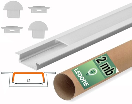 PROFIL aluminiowy WPUSZCZANY biały + KLOSZ mleczny zaślepki 2m do led
