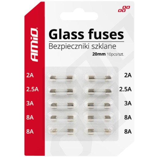 BEZPIECZNIKI SZKLANE SAMOCHODOWE 20 MM x 6 MM ZESTAW MIX 10 SZTUK AMiO