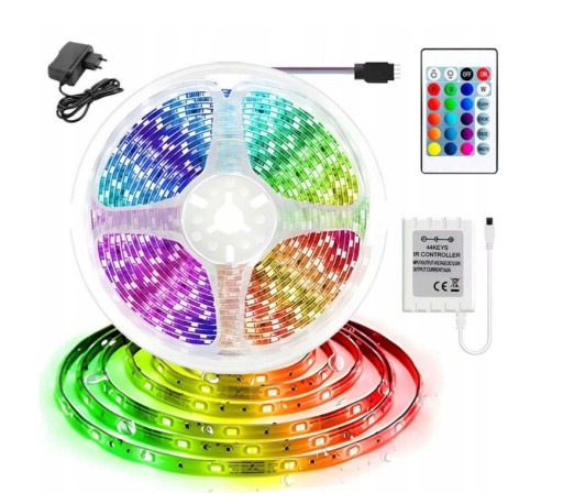 TAŚMA LED WODOODPORNA SMD 5M RGB KOLOROWA + PILOT 3528 ZASILACZ DIODY