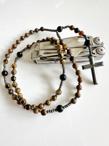 Naszyjnik męski Różaniec handmade tygrysie oko hematyt