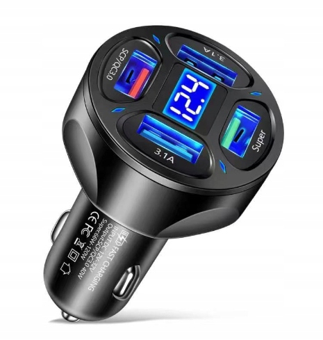 SZYBKA ŁADOWARKA SAMOCHODOWA 4xUSB QC 66W