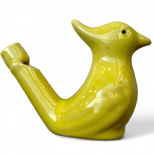 PTASZEK ceramiczny gwizdek na wodę śpiewający świergoczący żółte szkliwo